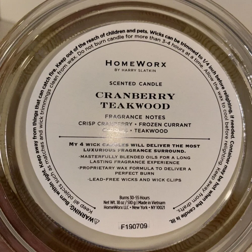 Homeworx Candle SUGAR PLUM HOT COCOA CRAN TEAK by Harry Slatkin 18 oz 4 Wick